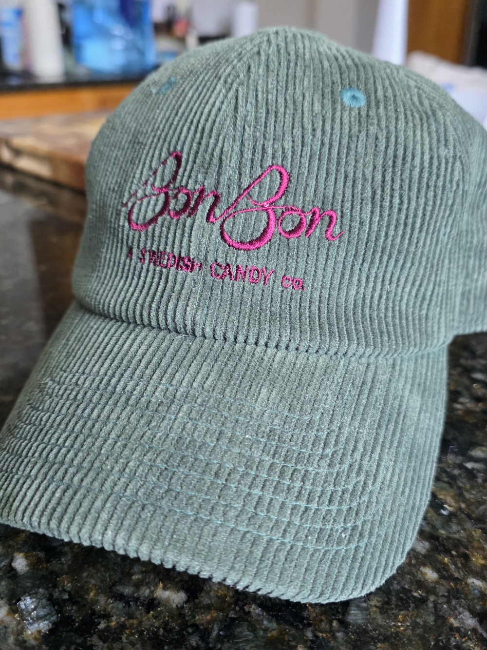 VTG Style Sage Cotton Corduroy Cap with Pink Writting